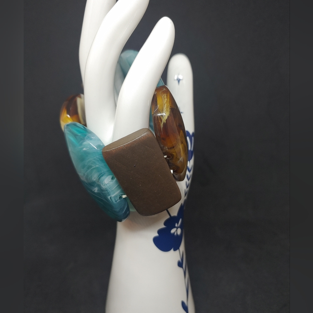Stretch Panel Linked Bracelet Teal & Brown Marble… - image 6